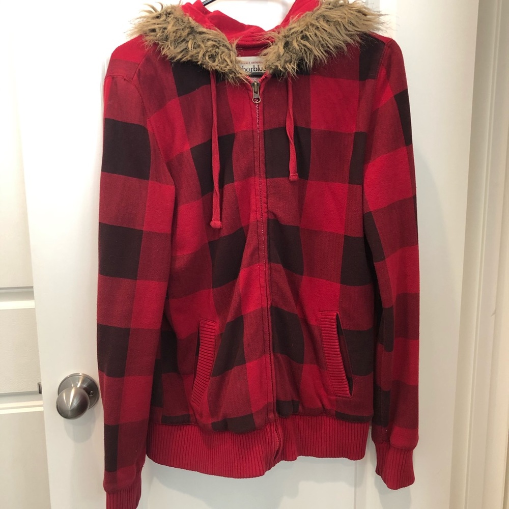 Anchor blue red plaid jacket with fur hood